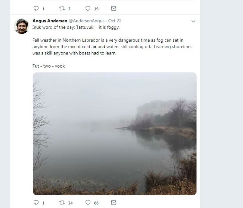 A social media post with an image of a foggy landscape.