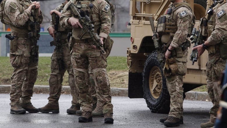 A group of men in camouflage and with guns are shown.