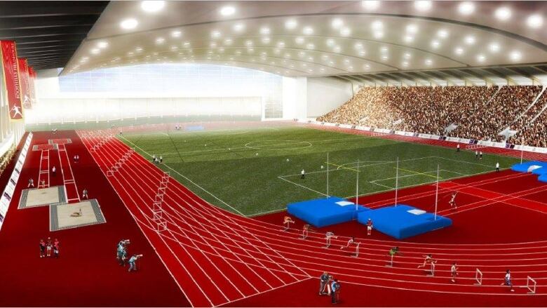 An artist's conception of the inside of a field house, with a green field and stands full of people.