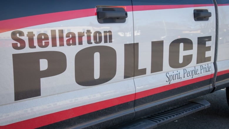 The side of a vehicle that says Stellarton Police is shown.