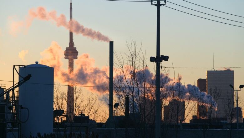 The city of Toronto skyline is framed by power lines, smoke stacks and petroleum storage tanks.