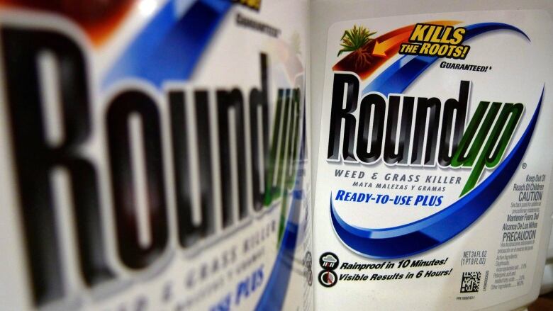 Bottles of an herbicide called 'Roundup' are display on a store shelf.