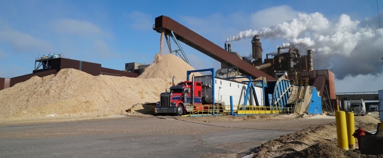 Massive piles of wood chips at an industrial plant, and a transport truck.