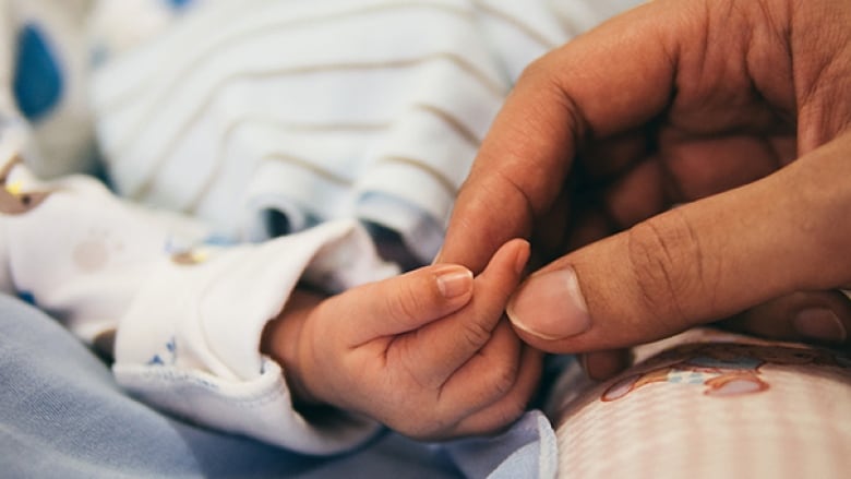 Close up of an adult hand holding an infant's finger