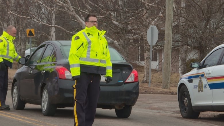 Officers stop a vehicle for a roadside check.