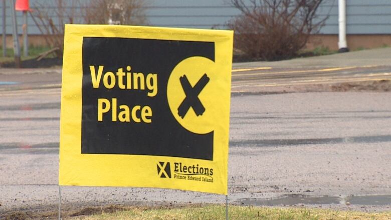 A yellow voting place sign 