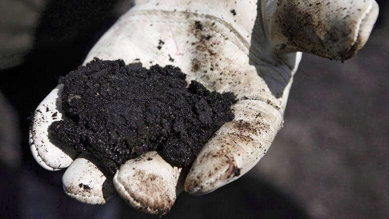 An oil worker holds raw sand bitumen near Fort McMurray