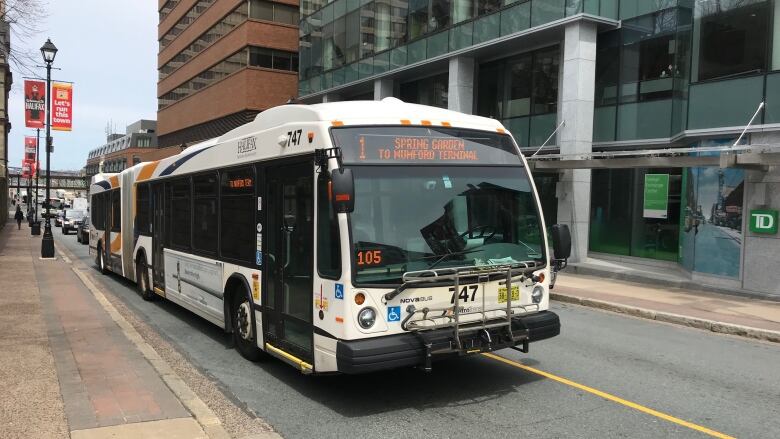 A Halifax Transit bus is driving on the road in Downtown Halifax.