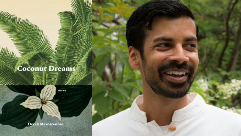 Composite image of illustrated book cover of plant, and a headshot of man wearing white shirt on the right.