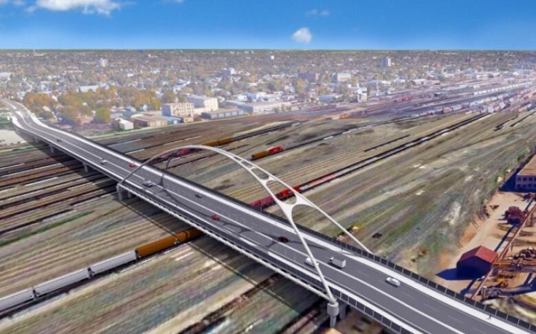 Artists conceptual drawing shows a bridge crossing multiple rail lines