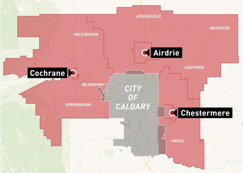 A map showing a horseshoe-shaped area that Rocky View Schools covers, surrounding Calgary.