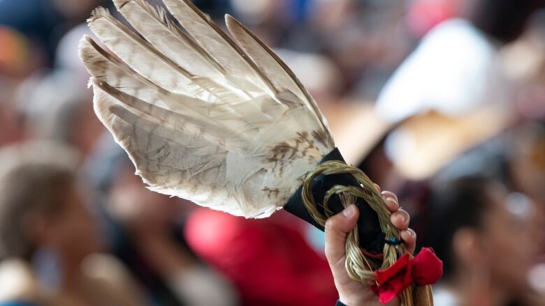 A closeup shows a raised hand holding a feather.