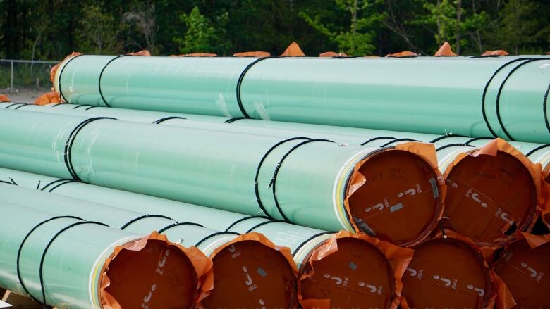 Pipelines are stored in a pile.