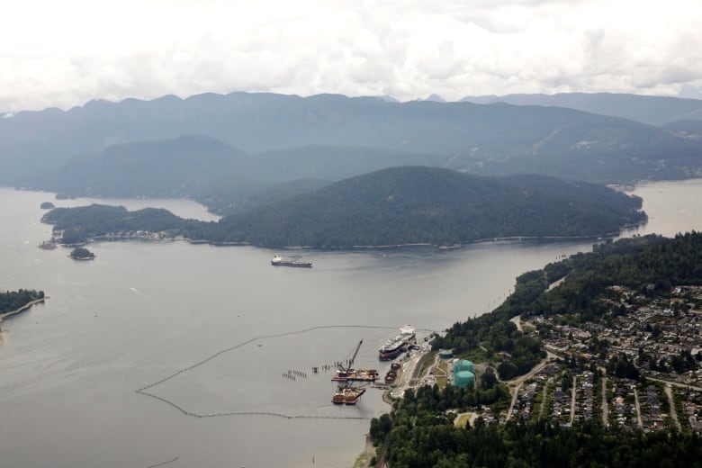 Aerial shot of oil terminal on Burrard Inlet in Burnaby.