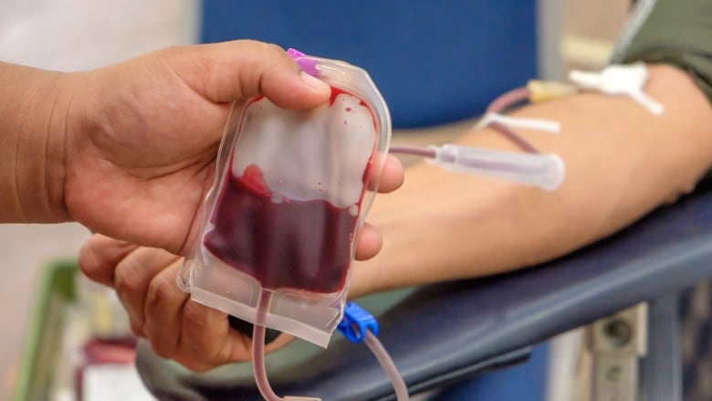 A health care worker holds up a bag of blood from a donor. 