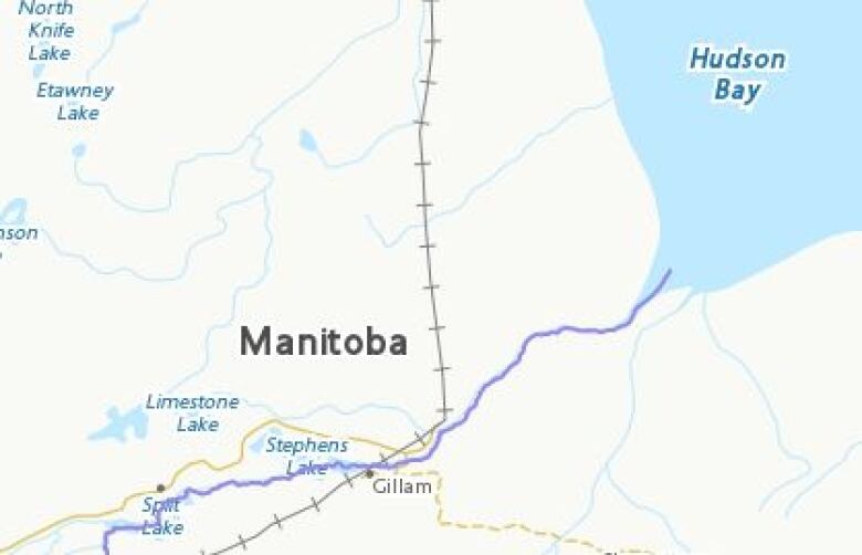 A map shows the path of the Nelson River as it flows north from Lake Winnipeg past Gillam to the mouth of Hudson Bay. 