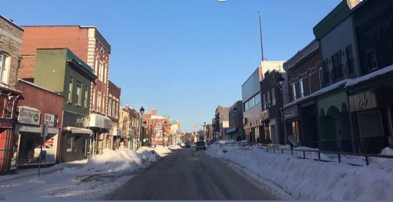 A downtown street in the winter.