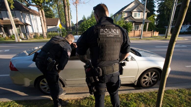 Two police officers speak to the driver of a car.