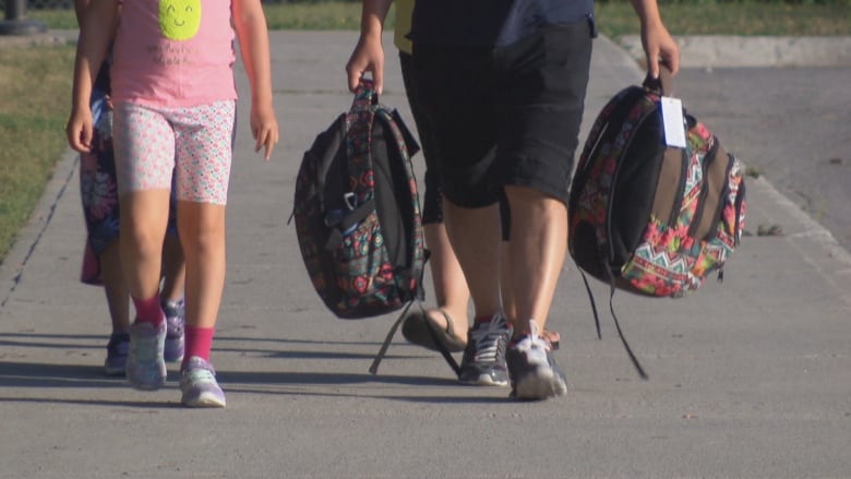 Lower half of bodies of a couple of children with backpacks.