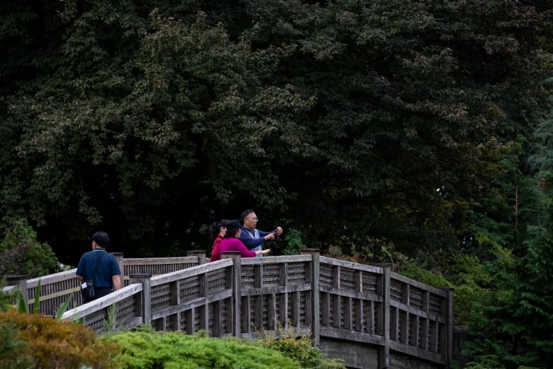 Three people stand on a wooden arched bridge in a lush green park.