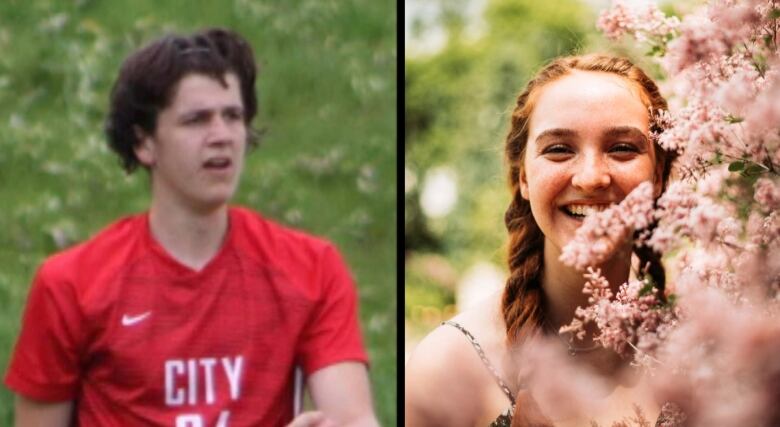 Two 18-year-olds are seen in side-by-side photographs. On the left, a young man in a sports jersey. On the right, a young woman smiling behind some flowers.