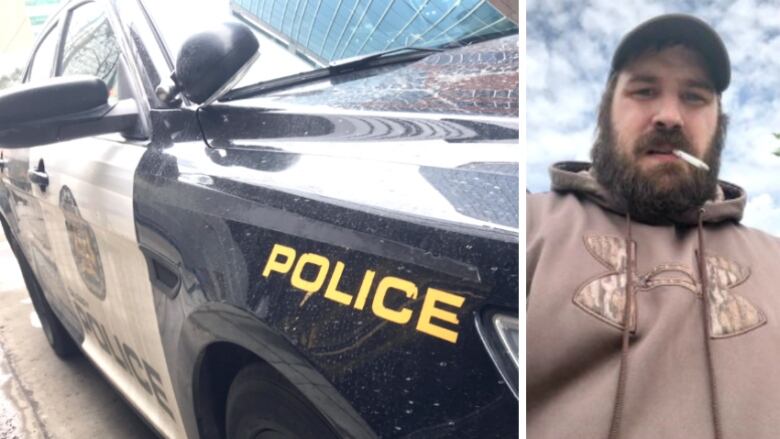 A Calgary Police Service cruiser on the right and a photo of a bearded man smoking a cigarette on the right. 