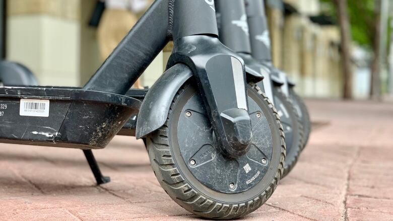 A close-up photo of wheels of three electric scooters.