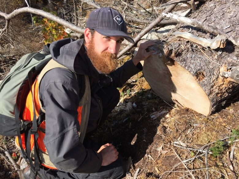 A white man with a think red beard stoops down next to a cut tree trunk on the ground.