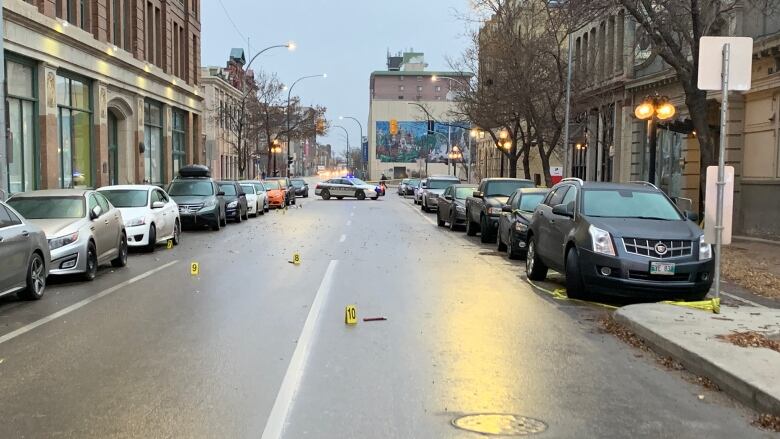 A police car blocks the far end of a street that has police markers lying on it.