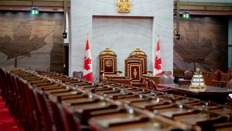 A photo of the new Senate with red seats.