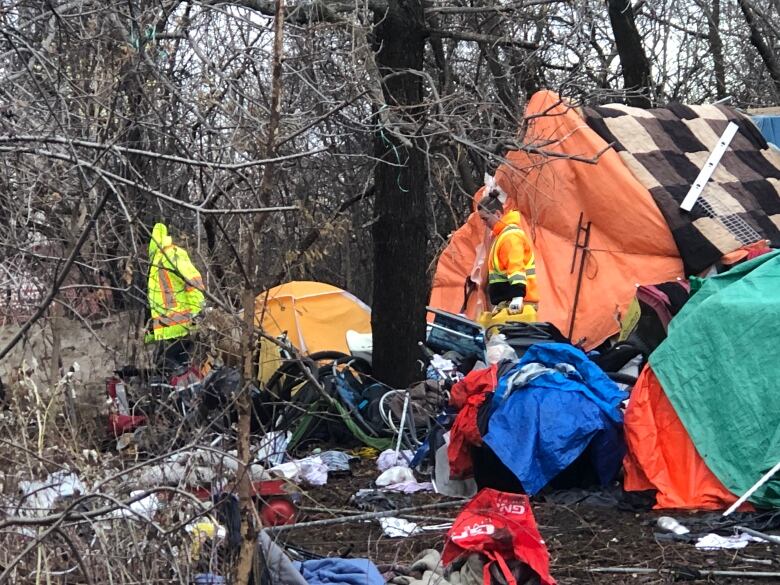 Tents and tarps in a forested area.