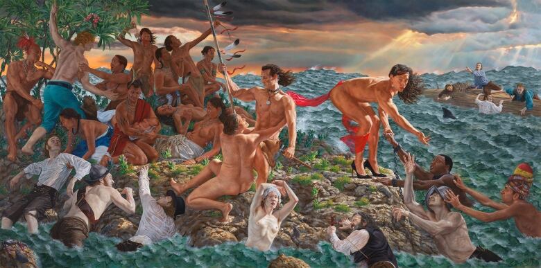 Welcoming the Newcomers is one of two massive new works by Cree artist Kent Monkman, part of his installation mistiksiwak (Wooden Boat People), that will be on display in the Great Hall of the Metropolitan Museum of Art in New York from Dec. 17, 2019 until April 2020.