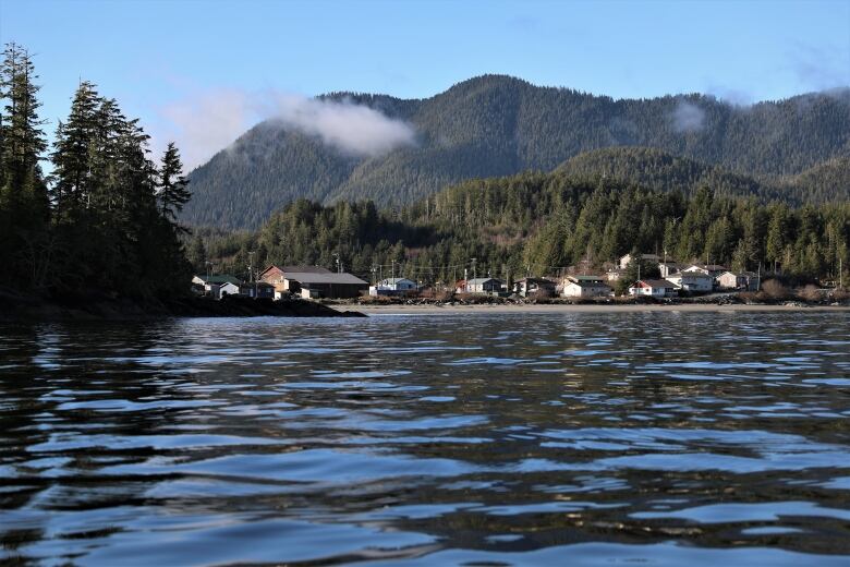 Houses are in the distance on an island with water in the foreground and mountains in the background. 