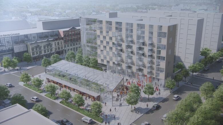 An architectural mock-up of CentreVenture's planned redevelopment of the Public Safety Building, showing a covered market and a residential building.