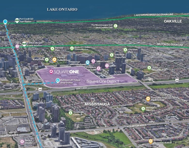 A map shows Square One and the surrounding area of Mississauga, with a purple block indicating where the new Square One District development would be. 