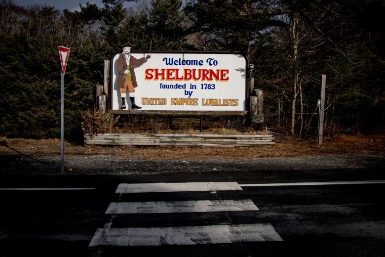 A sign at the edge of a street that says, 'Welcome to Shelburne, founded in 1783 by United Empire Loyalists.'