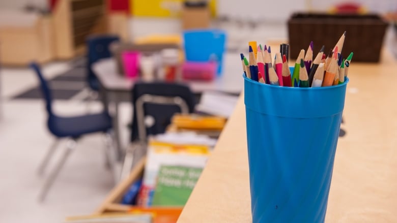 A blue plastic cup, filled with coloured pencils, sits on a desk in a classroom. In the background, there are empty chairs at a desk, and books in cubby holes.