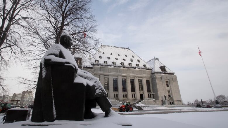 The supreme court building covered in snow