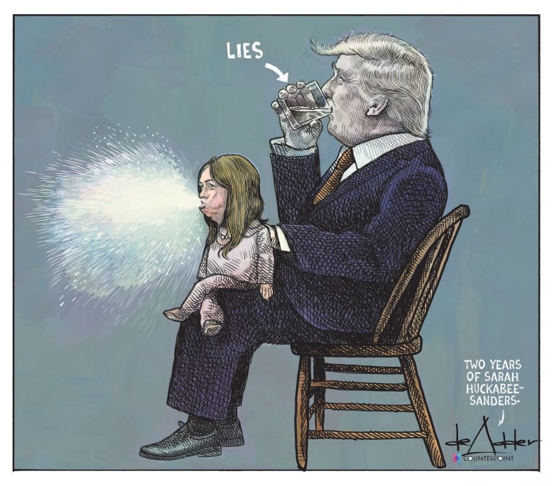 Newspaper cartoon of Donald Trump sitting on a chair with a young girl on his lap. He is drinking a glass of water labelled 