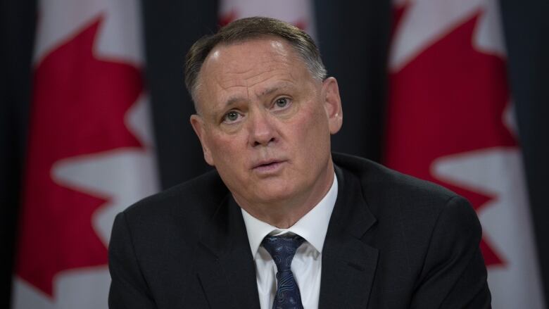 A man in a suit looks off camera, with three Canadian flags in the background. 