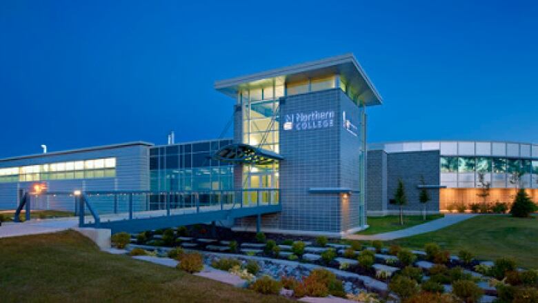 A building at dusk.