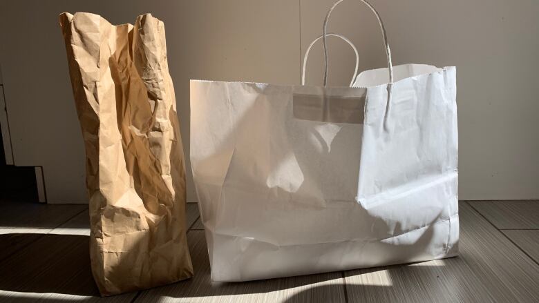 Two paper bags sit on the floor 