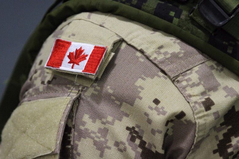 A Canadian flag patch is shown on a soldier's shoulder.