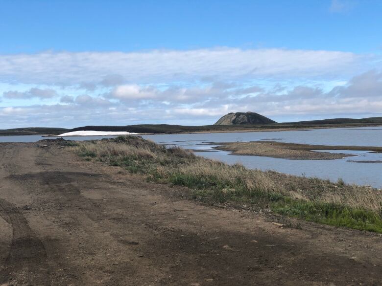 A dirt road along an Arctic shoreline.