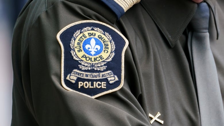 A blue police badge on a black uniform.