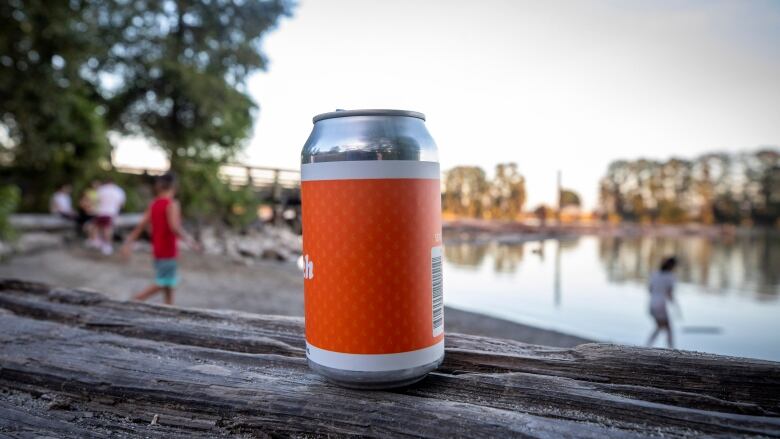 Canned alcohol beverage on a log in a park.