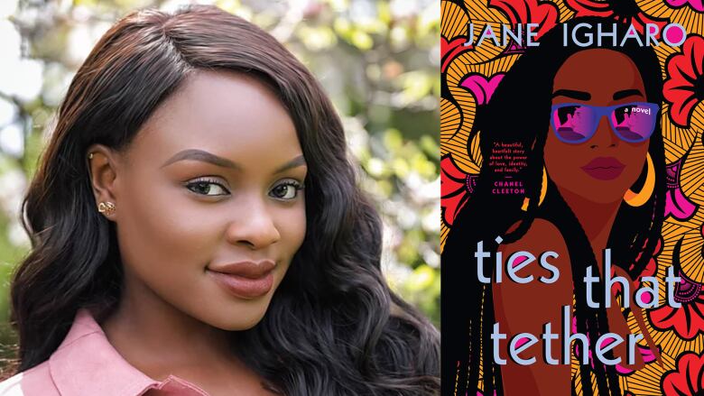 A Black woman with long hair. A book cover with a Black woman with long hair and a colourful patterned dress. 