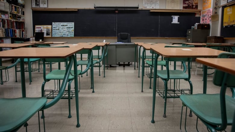 A classroom with empty desks. 