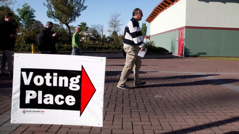 A man walks toward a building by a sign with an arrow that says, Voting Place.