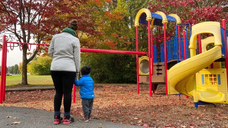 A woman and a child are seen holding hands next to a brightly coloured playground structure on an autumn day.